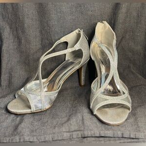 Silver Slipper High Heals women's 8.5 Slip on Sheer Silver Jeweled Opened toe